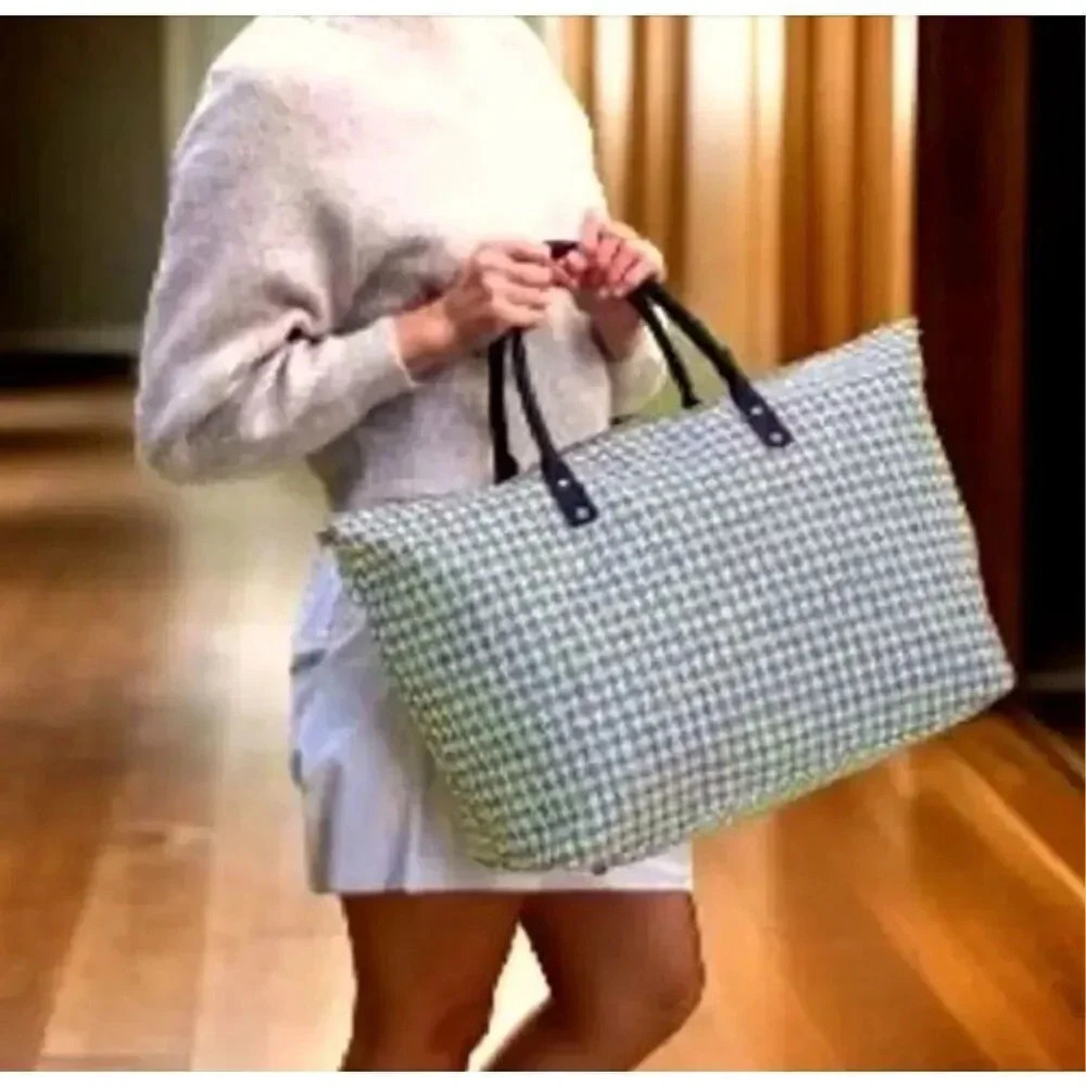 LULU DHARMA | Blue White Black Houndstooth Overnight Weekender Bag Luggage Tote
